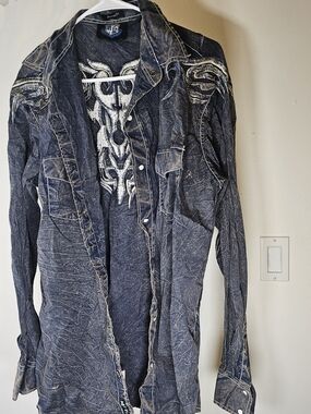 RU Dark Washed Embroidered Button-Up Shirt - White Detail Large